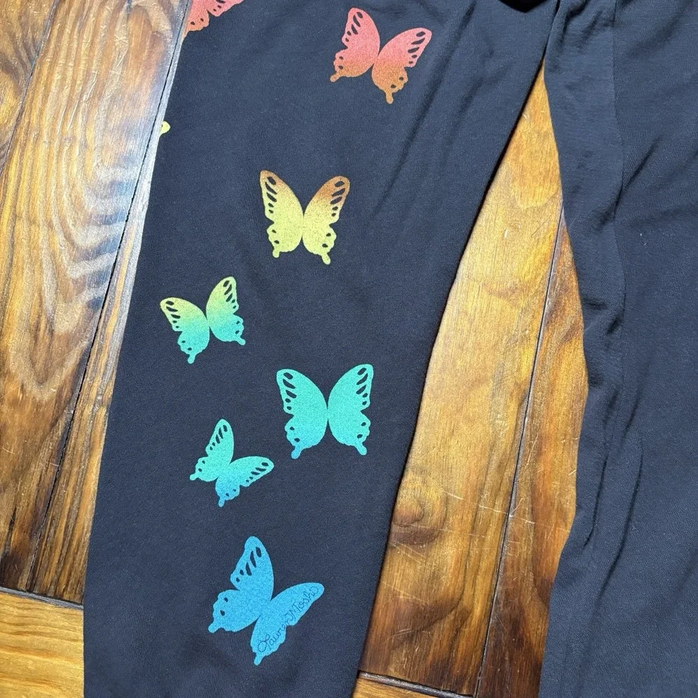 Lauren Moshi Rainbow Vintage Butterflies Sweatpants Black XS Crop A1060